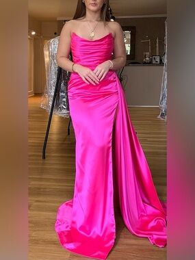 Strapless Hot Pink Satin Evening Gown